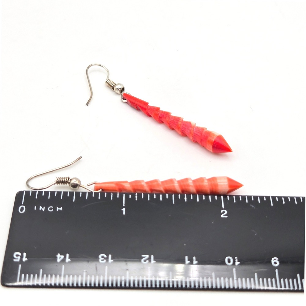 Handmade Red Orange Carved Shell Spiral Cone Drop Earrings Silver Tone Hooks - Picture 7 of 7